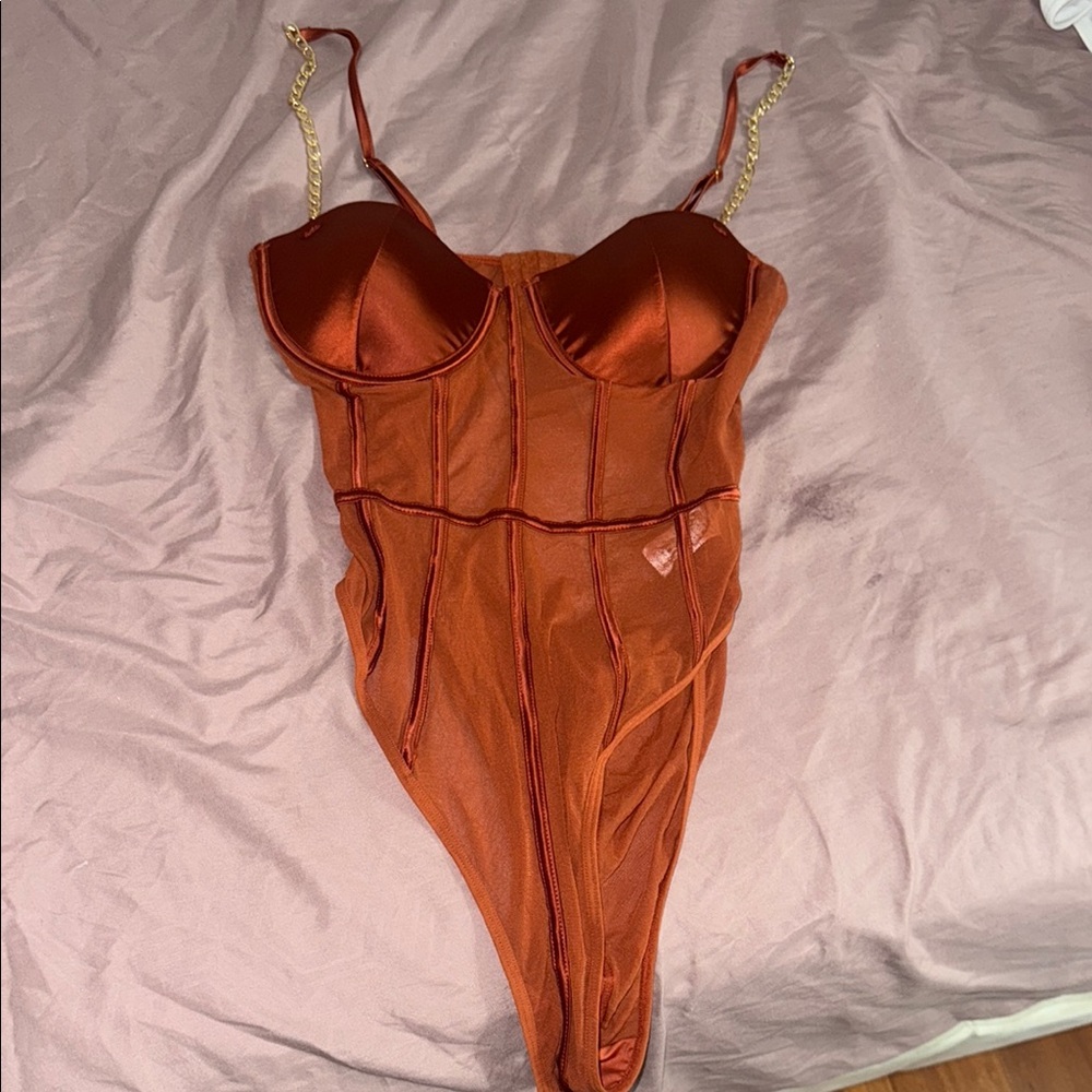 Fashion Nova Copper Bodysuit with Chain Straps